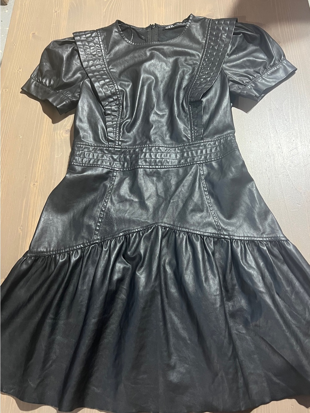 Zara Black Faux Leather Puff Sleeve Ruffle Dress